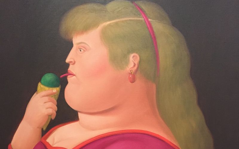 Botero painting of obese woman eating green ice cream — © Nick Anderson.